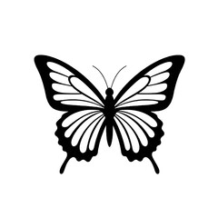 Simple black silhouette icon of a butterfly with symmetrical wings, clean lines, and minimal design, ideal for logos or decorative elements.