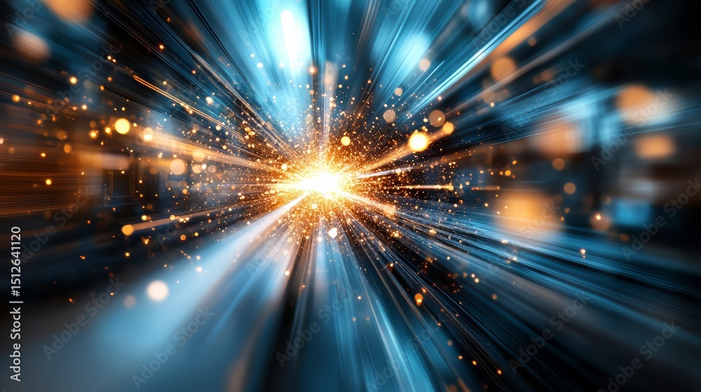 Poster bright light with a blue background and orange streaks. the light is surrounded by a lot of small do