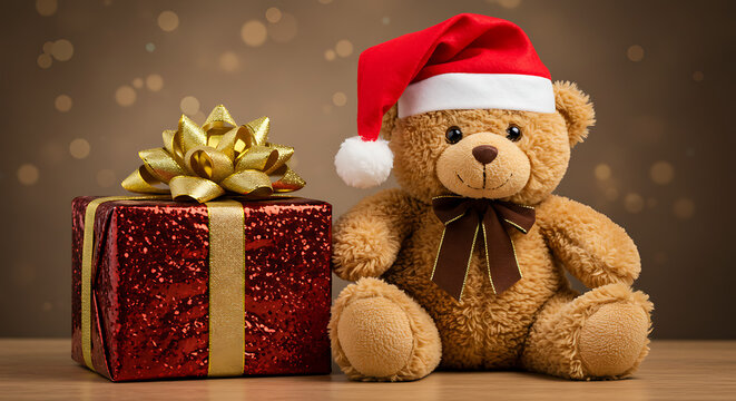 Festive christmas gift and teddy bear.