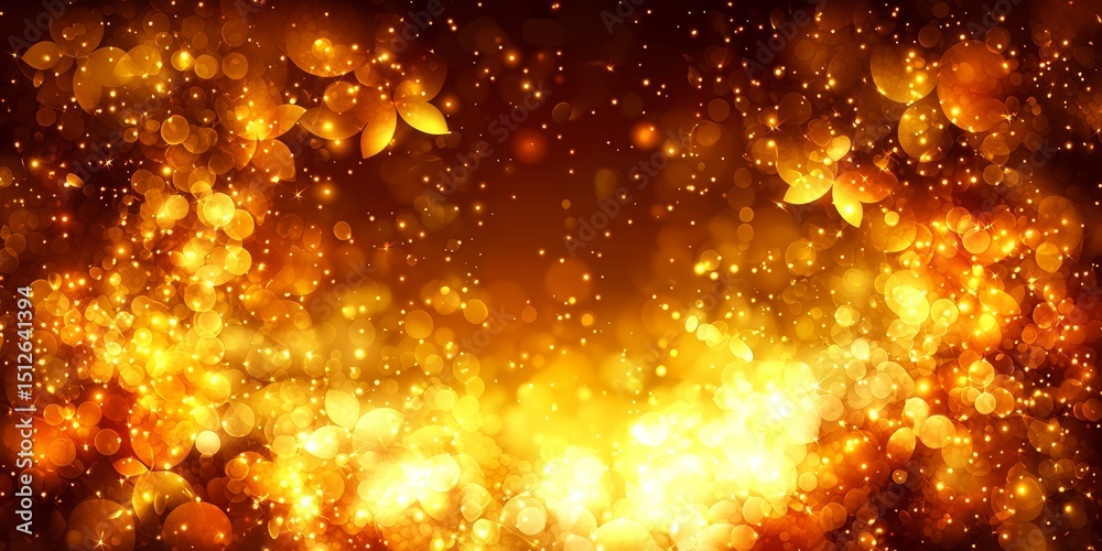Poster vibrant orange background with a lot of gold sparkles. the background is filled with a warm, invitin