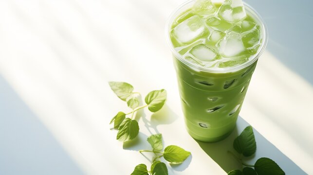 Iced matcha protein latte with coconut milk and ice cubes