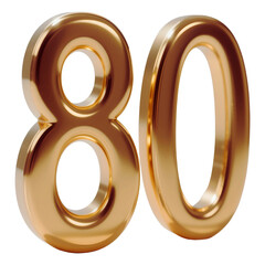 Golden number eighty isolated on transparent background, a shiny metallic 3D rendering for celebrations and milestones