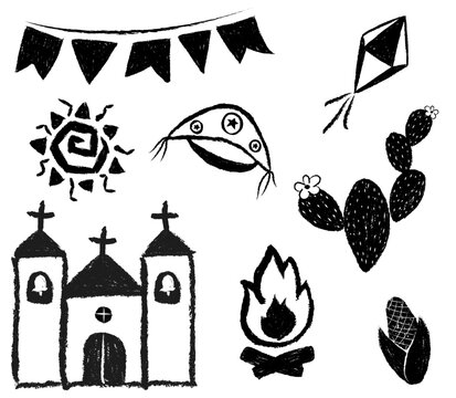 S&atilde;o jo&atilde;o Festa Junina. June celebration. Collection of cordel elements. Chalk drawing elements of Brazilian June festivals. Flags, church, cactus, corn, leather hat, balloon, sun, bonfire