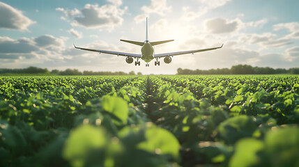 Sustainable aviation fuel enables net zero emissions flight above soybean farm. Concept Sustainable Aviation Fuel, Net Zero Emissions, Flight, Environmental Impact. generative ai
