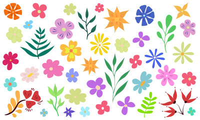 Set Of Cartoon Spring Flowers, Green Leaves, Plants, Isolated On White Background. Vector Illustration