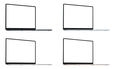 Set Of Modern Laptops Mockups With Blank Screens, Side Perspective View, Isolated On White Background. Vector Illustration