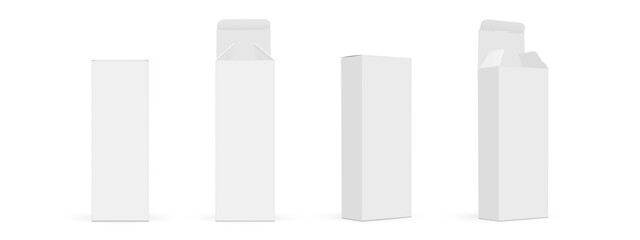 Set Of Rectangular Tall Packaging Boxes Mockups, Front and Side View, Opened and Closed Lid, Isolated On White Background. Vector Illustration