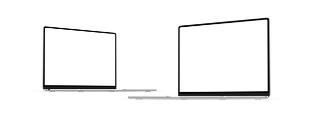 Two Modern Silver Laptops Mockups, Blank Screens, Side Perspective View, Isolated On White Background. Vector Illustration