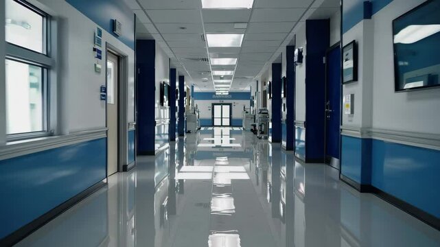 Bright hospital corridor: tranquil walkthrough in modern medical facility