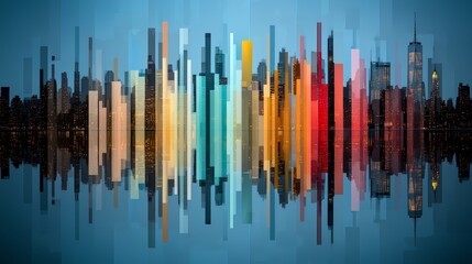 Obraz premium City skyline is reflected in the water, with the buildings appearing in a rainbow of colors. Concept of vibrancy and diversity, as well as the beauty of urban life