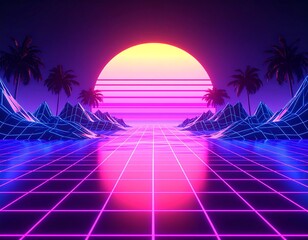 Naklejka premium Retrofuturistic landscape with neon grid