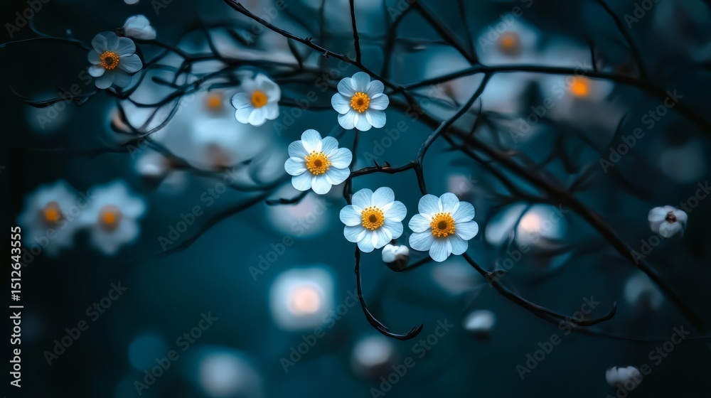 Aufkleber close up of a branch with white flowers on it. the flowers are small and delicate, and the branch is