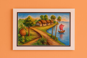 Vibrant Rural Landscape with Huts and River