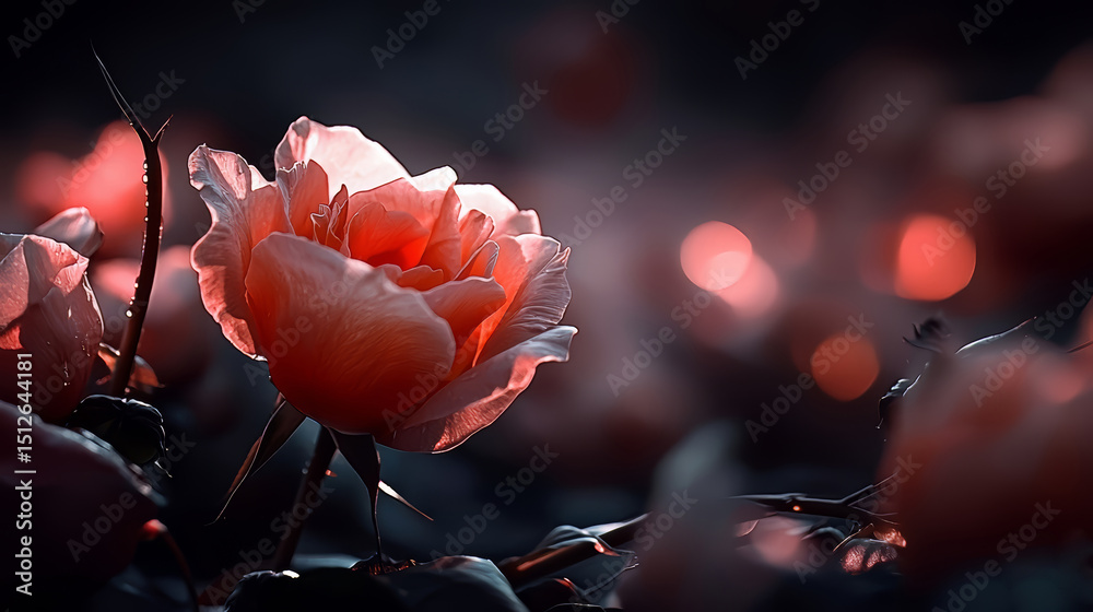 Poster close up of a pink flower with a dark background. the flower is the main focus of the image, and the