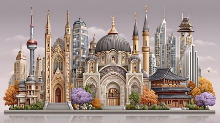 Obraz premium Architectural collage representing global unity in skyline high resolution picture