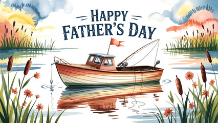 Happy fathers day watercolor illustration featuring a fishing boat on a serene lake landscape