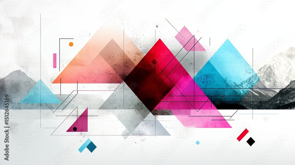Poster Colorful abstract painting of mountains and triangles. The painting is full of different shapes and colors, creating a dynamic and energetic feel