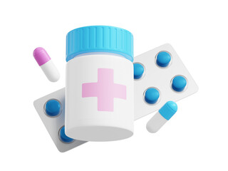 Blister, white bottle of pills and flying capsules. 3d medicine illustration isolated on transparent background