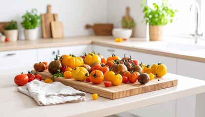 Ripe tomatoes of various types on a kitchen board, natural light, minimalist style