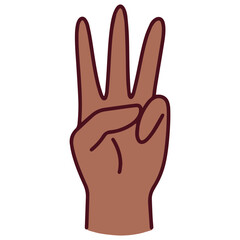 Finger gesture representing number three in Mandarin, shown with a brown hand. Index, middle, and ring fingers raised to count silently
