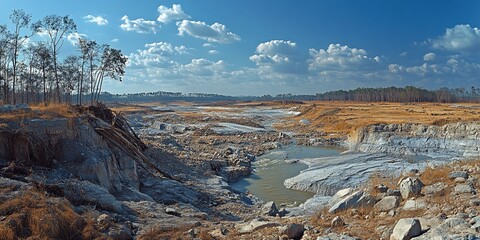 Eroded Landscape with River Carving Through Rock Formations Under a Cloudy Sky