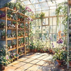 Cozy greenhouse filled with potted flowers and sunlight streaming in  