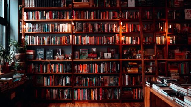 A view of a large wooden bookshelf filled with many books in a room with a wooden floor and a window , zoom in