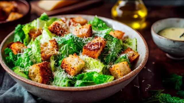 A bowl of caesar salad with croutons and parmesan cheese on a wooden table with dressing beside it , zoom in