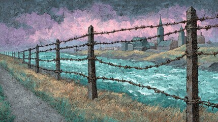 Scenic view of river and barbed wire fence with distant church steeple at twilight
