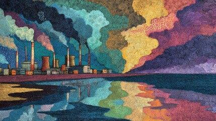 Colorful industrial landscape reflecting on water during twilight, showcasing vibrant skies and emissions from factories