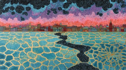 Colorful abstract landscape depicting a frozen lake with a winding path and city skyline at sunset