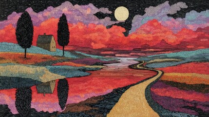 Colorful landscape with a winding path, reflections, and a vibrant sunset sky over water
