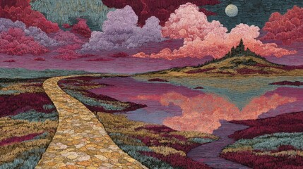 Vibrant landscape featuring a winding path beside a serene body of water at twilight