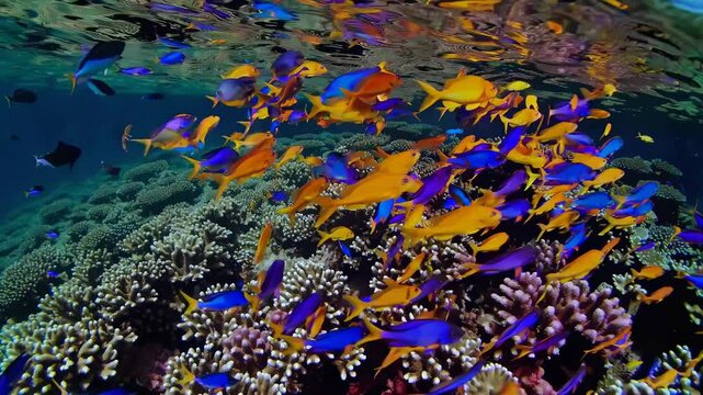 Underwater video capturing vibrant coral reefs and fish from a split-level angle, blending ocean surface and marine life under sunlight.