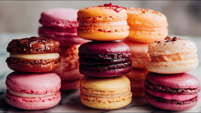 Assorted macarons stacked on top of each other creating a colorful and tasty looking display , zoom in