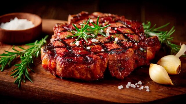 A grilled steak on a wooden board with rosemary garlic and a bowl of salt in the background , zoom in