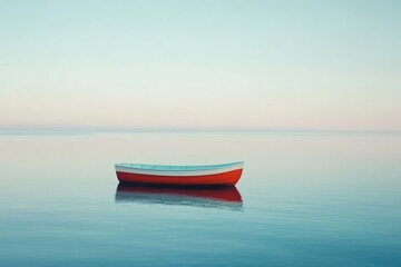 Naklejka premium Calm, serene lake scene with a solitary red and light blue rowboat