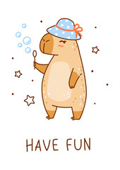 Cute сartoon capybara with hat and soap bubbles isolated on white background - funny animal for Your happy summer greeting card design