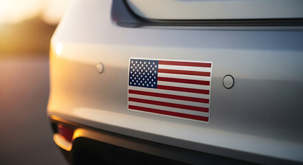 American flag on car bumper at sunset. 