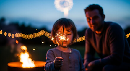 A child's innocent gaze is captivated by the bright, flickering sparks of a sparkler.  
