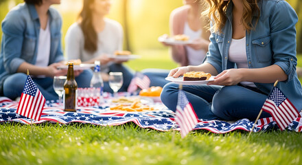 A patriotic picnic in a sunlit park. 