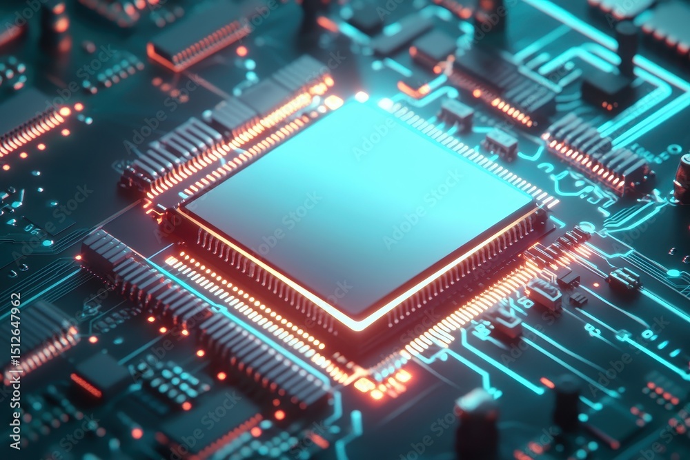 Poster detailed render of a microchip and circuit board showcasing intricate design and glowing components 