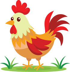 Cartoon hen with red comb and feathers, pecking near grass, colorful and fun – flat vector style