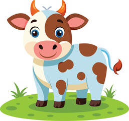 Cute cartoon cow standing on grass, smiling face, big eyes, colorful in flat vector style &ndash; white background"
