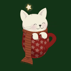 Cute Christmas cat in starry mug with scarf
Adorable illustration of a white cat wearing a scarf, sitting in a red star-patterned mug with a glowing star above.
