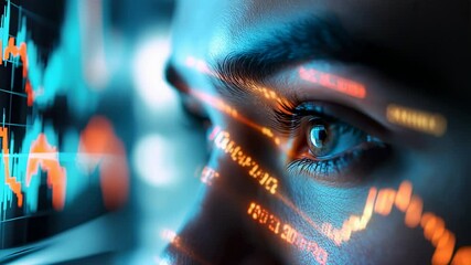 Close-up of a persons face with financial data overlayed, creating a futuristic and analytical visual. - Powered by Adobe