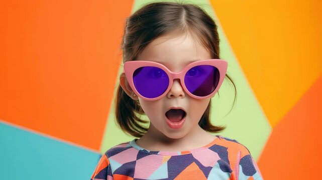 Surprised little girl with pink sunglasses against colorful background