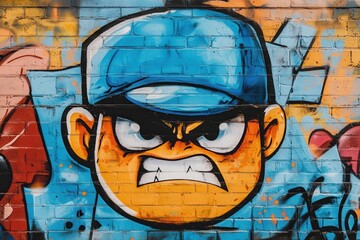Angry cartoon character graffiti art on a city wall expresses frustration and vibrant street culture in urban scenery