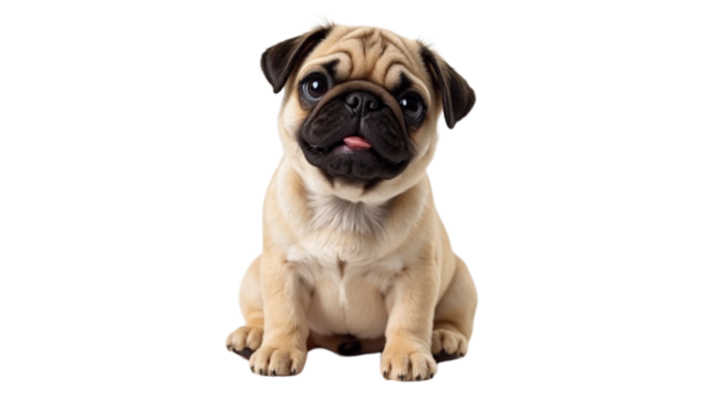 Pug puppy sitting isolated on transparent background, perfect for digital pet content, advertisements, and design mockups
