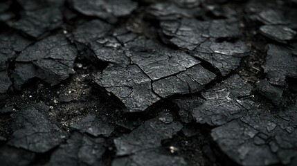Cracked, dark, rough surface texture close-up, brittle